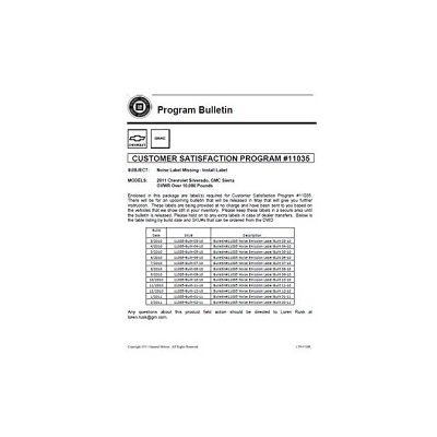 BULLETIN-11035 NOISE LABEL MISSING INSTALL CHEV GMC (DOWNLD)