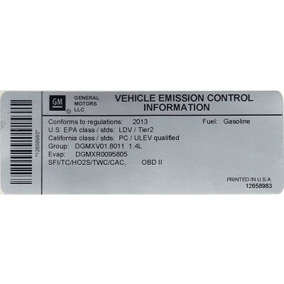 LABEL-BULL #13043 CHEV SONIC ENG RPO LUV NT7/NU5 V8D/V8E ORN