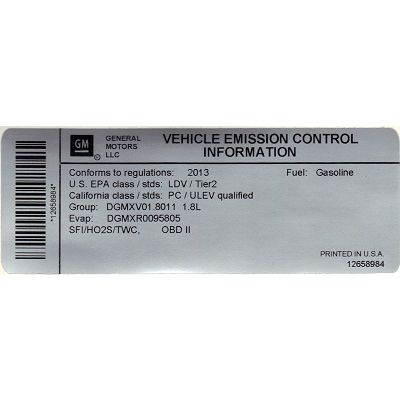 LABEL-BULL #13043 CHEV SONIC ENG RPO LUW NT7/NU5 V8D/V8E ORN