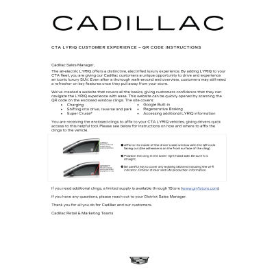 One-page instructional letter on purpose and location for 2.5 x 2.5 Cadillac LYRIQ Cling - CTA Program