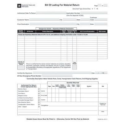 FORM - BILL OF LADING FOR MATERIAL RETURN (PK/50)