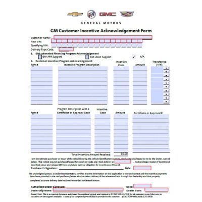 GM CUSTOMER INCENTIVE ACKNOWLEDGEMENT FORM