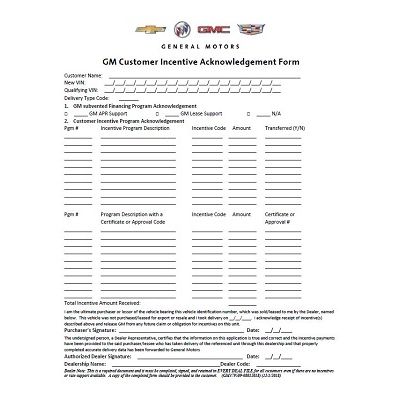 GM CUSTOMER INCENTIVE ACKNOWLEDGEMENT FORM (UNFORMATTED)