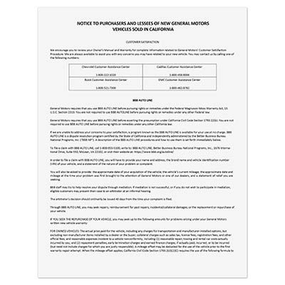 CALIFORNIA LEMON LAW NOTICE TO PURCHASERS & LESSEES REV 7/25