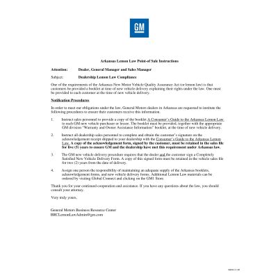 ARKANSAS LEMON LAW INSTRUCTIONS