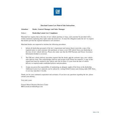 MARYLAND LEMON LAW INSTRUCTIONS