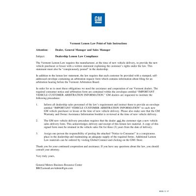VERMONT LEMON LAW INSTRUCTIONS
