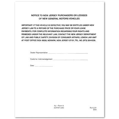 NEW JERSEY LEMON LAW NOTICE