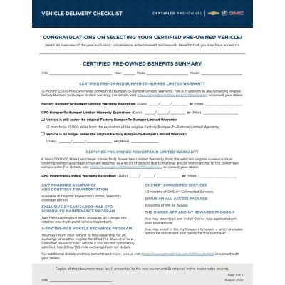 2022 CPO VEHICLE DELIVERY CHECKLIST FORM (DOWNLOAD)