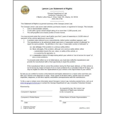 GEORGIA LEMON LAW STATEMENT OF RIGHTS: 10/18