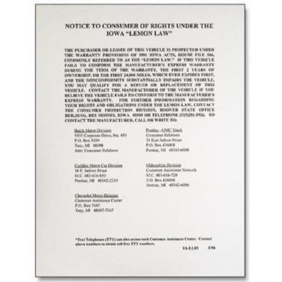 IOWA LEMON LAW NOTICE