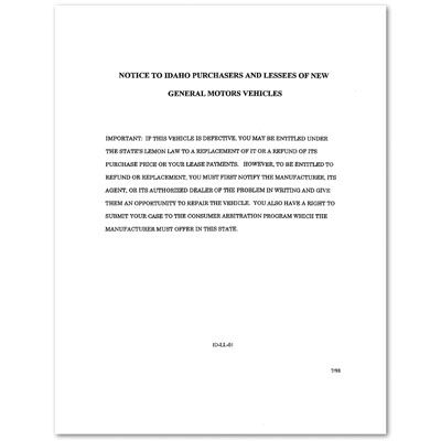 IDAHO LEMON LAW NOTICE