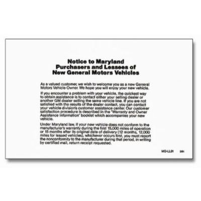 MARYLAND LEMON LAW NOTICE