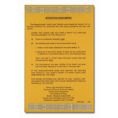 MASSACHUSETTS LEMON LAW STICKER