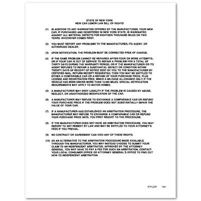 NEW YORK LEMON LAW BILL OF RIGHTS
