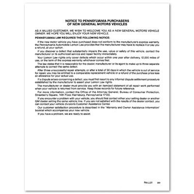 PENNSYLVANIA LEMON LAW NOTICE