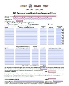 GM CUSTOMER INCENTIVE ACKNOWLEDGEMENT FORM