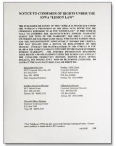 IOWA LEMON LAW NOTICE